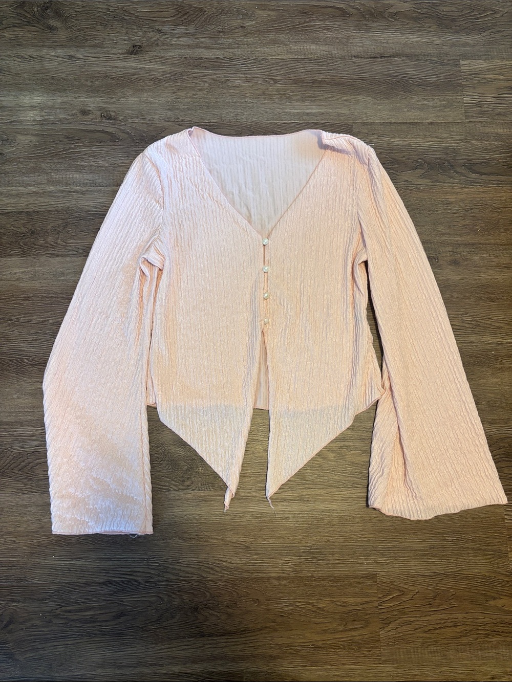 women’s pink flowy top with pearl details